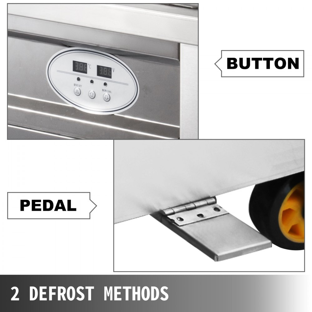 Máquina para hacer helados VEVOR con métodos de descongelación por botón y pedal mostrados.