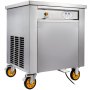 Máquina para hacer helados VEVOR de color plateado sobre ruedas amarillas.