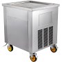 Máquina para hacer helados en rollo VEVOR con cuerpo de acero inoxidable y ruedas giratorias amarillas.