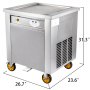 Máquina para hacer helados en rollo VEVOR con dimensiones de 31,3&quot; x 26,7&quot; x 23,6&quot;, sobre ruedas giratorias amarillas.