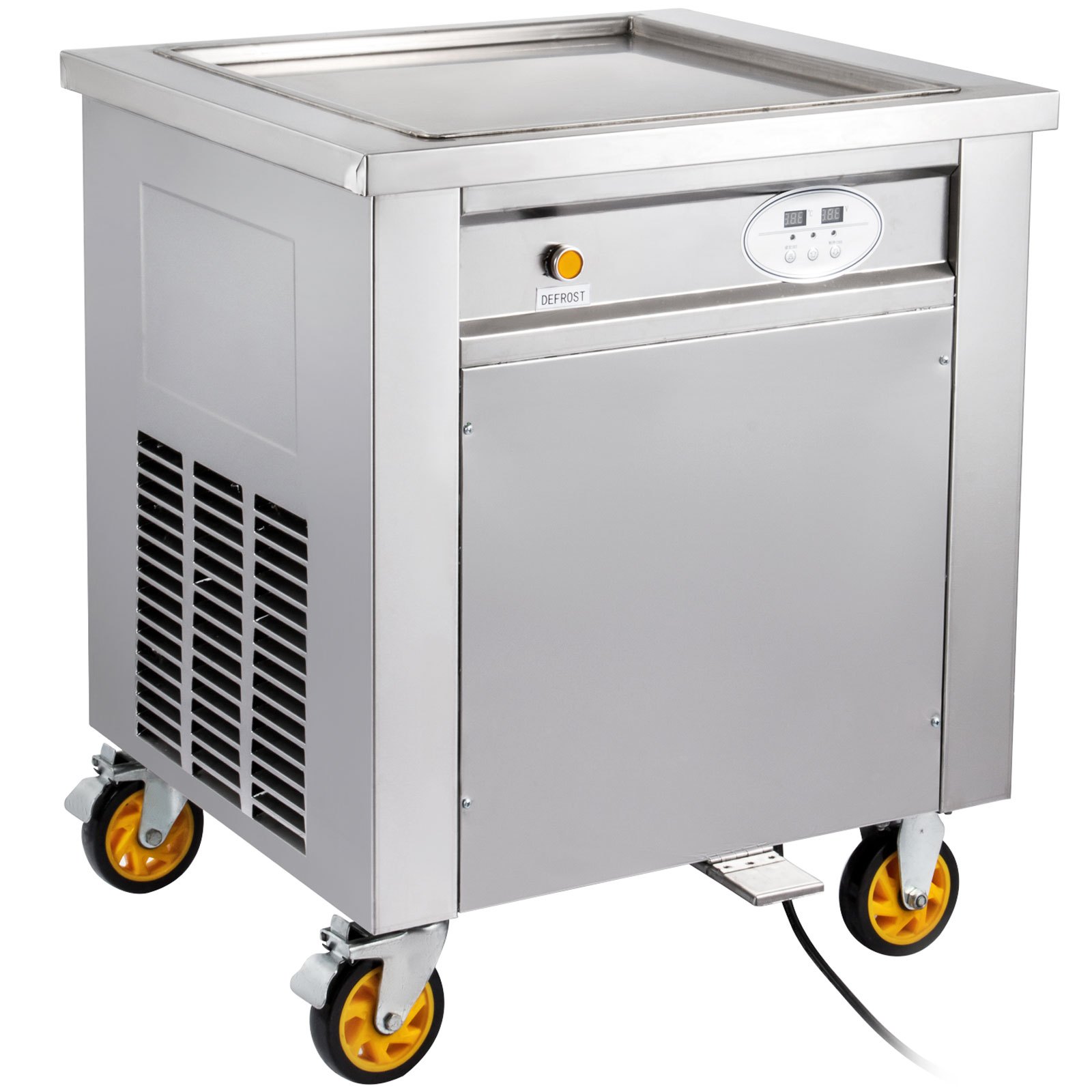 Máquina para hacer helados en rollo VEVOR con cuerpo de acero inoxidable y ruedas giratorias.