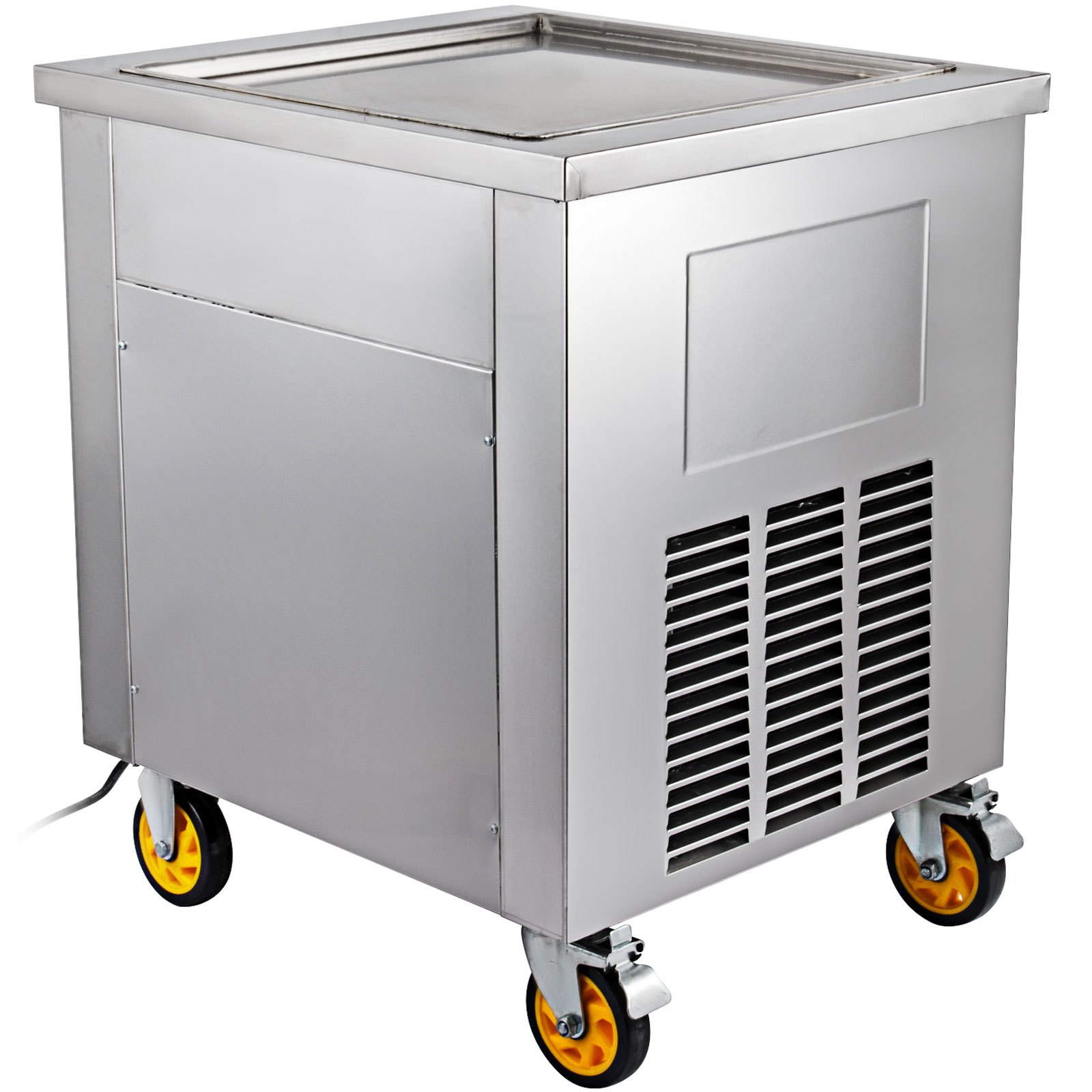 Máquina para hacer helados en rollo VEVOR con cuerpo de acero inoxidable y ruedas giratorias amarillas.