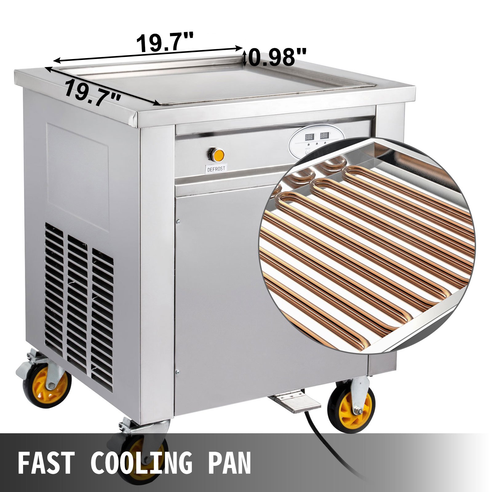 Máquina para hacer helados VEVOR de acero inoxidable con bandeja de enfriamiento y dimensiones marcadas.