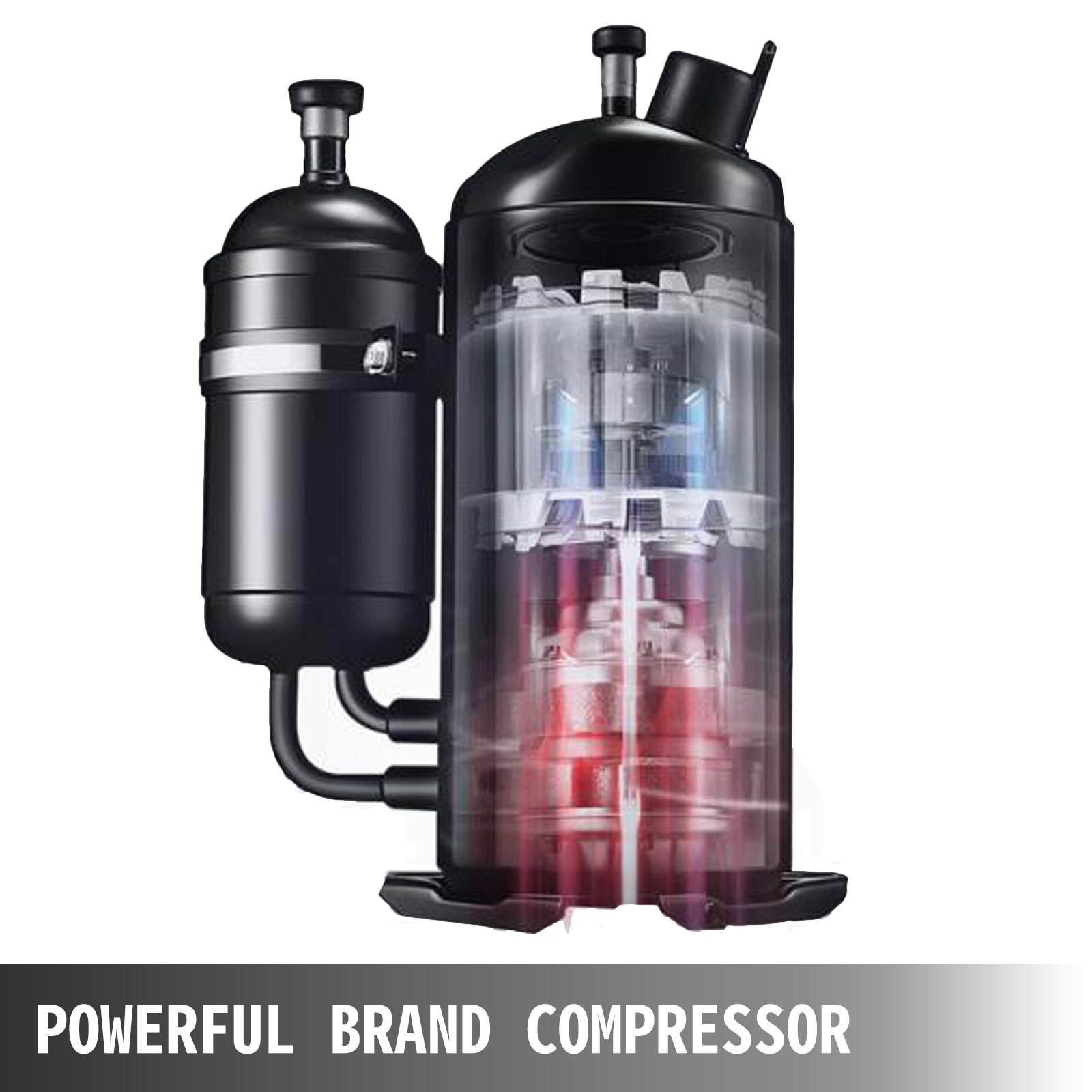 Compresor industrial negro con componentes internos visibles.