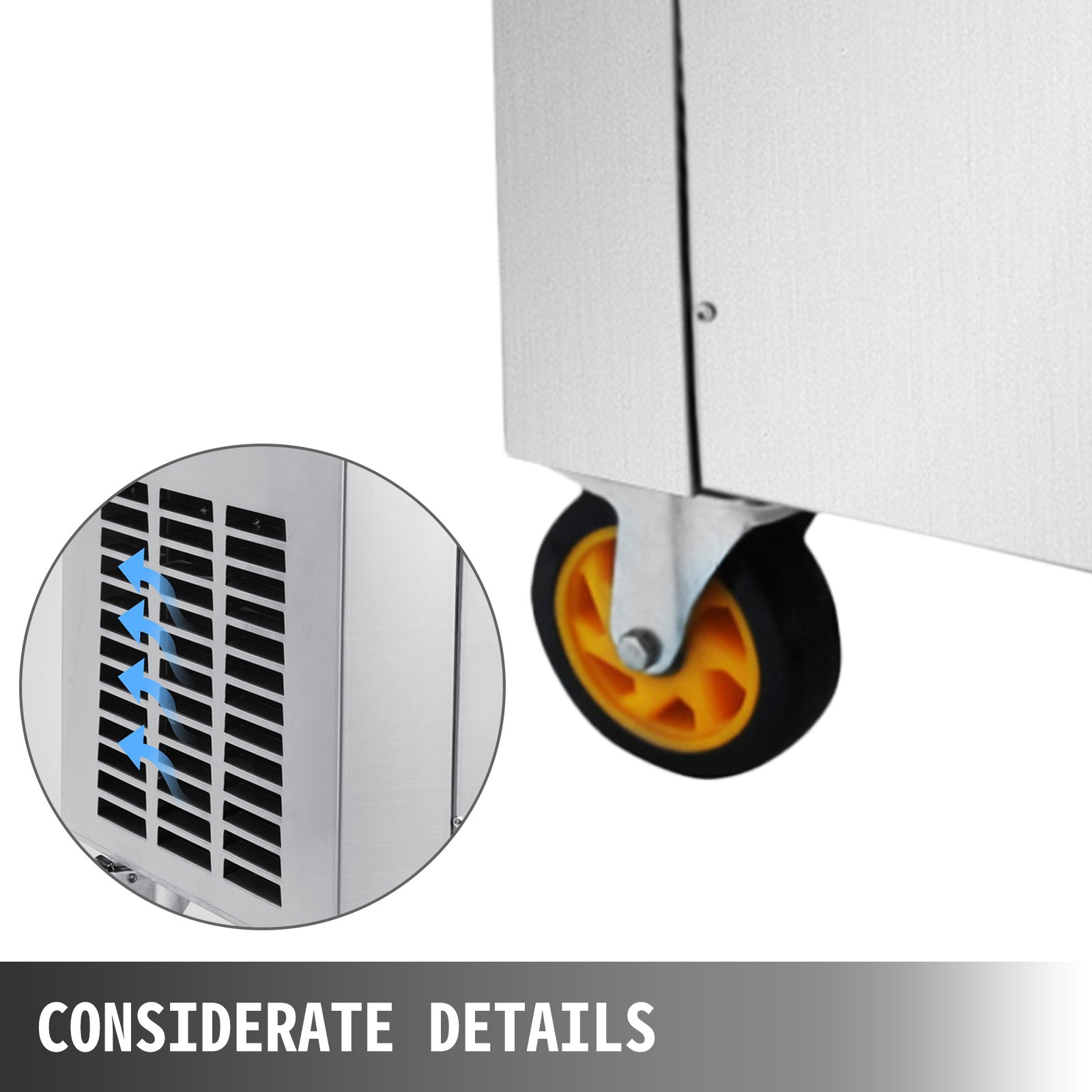Máquina para hacer helados VEVOR con ventilación y detalles de ruedas giratorias que muestran durabilidad.
