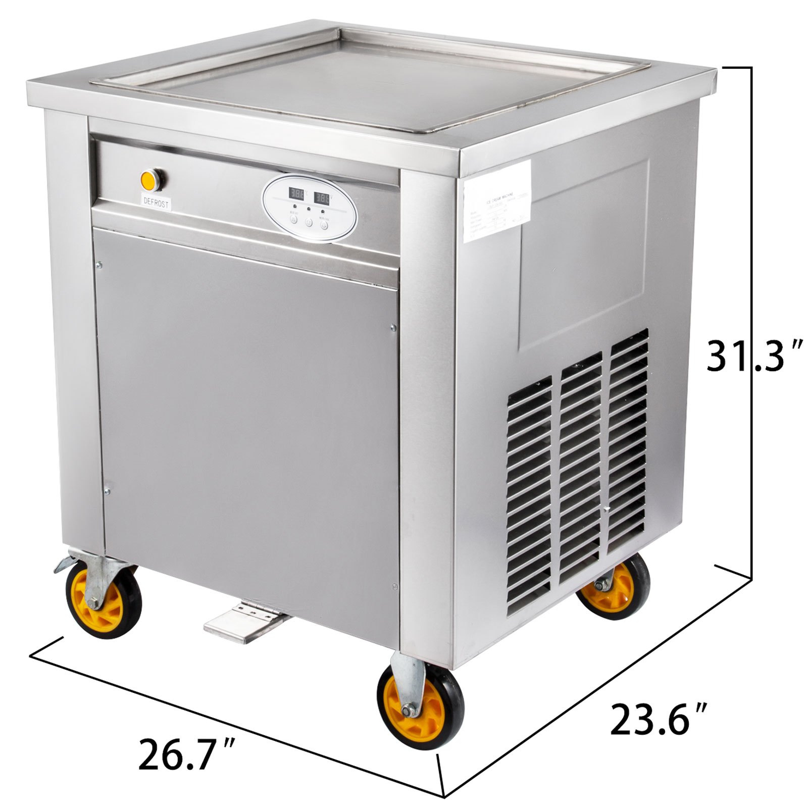 Máquina para hacer helados en rollo VEVOR con dimensiones de 31,3&quot; x 26,7&quot; x 23,6&quot;, sobre ruedas giratorias amarillas.