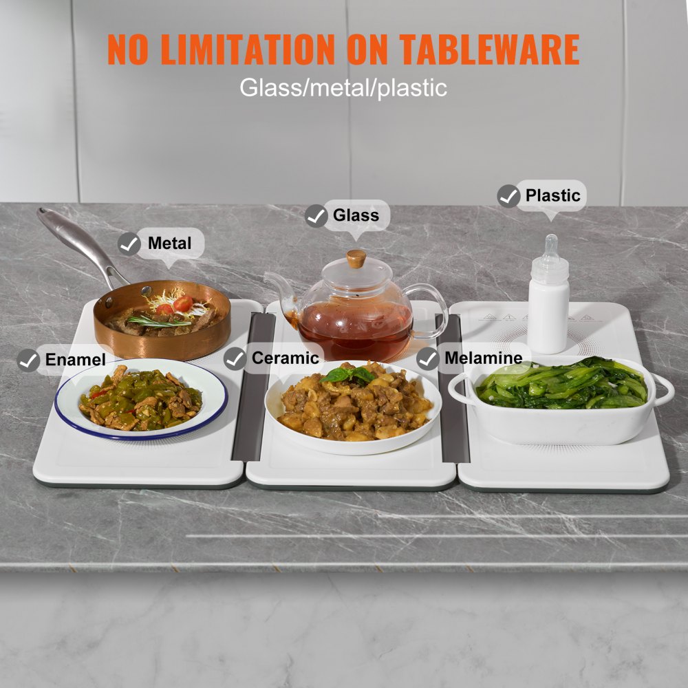 Bandeja calefactora eléctrica VEVOR, 48 x 26 cm, portátil, de lámina laminada en frío, con control de temperatura (35-100 °C), ideal para catering, fiestas, eventos, entretenimiento y festividades, color blanco.