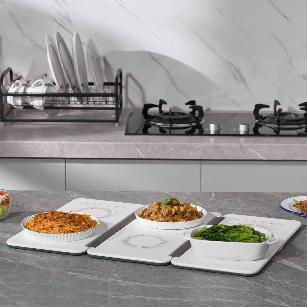 Bandeja calefactora eléctrica VEVOR, 48 x 26 cm, portátil, de lámina laminada en frío, con control de temperatura (35-100 °C), ideal para catering, fiestas, eventos, entretenimiento y festividades, color blanco.