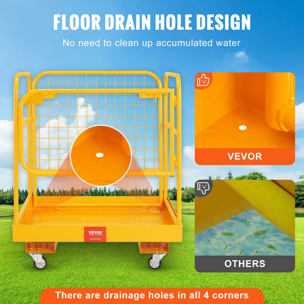 Jaula de seguridad para montacargas VEVOR, capacidad de carga de 1200 lb, plataforma de trabajo plegable de 36 x 36 pulgadas con ruedas giratorias bloqueables, orificio de drenaje y cadena para dispositivo, capacidad para 1 o 2 adultos, perfecta para trabajos aéreos.