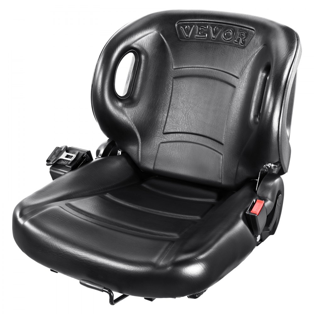 Asiento para carretilla elevadora VEVOR con diseño ergonómico, textura de cuero negro y cinturón de seguridad integrado