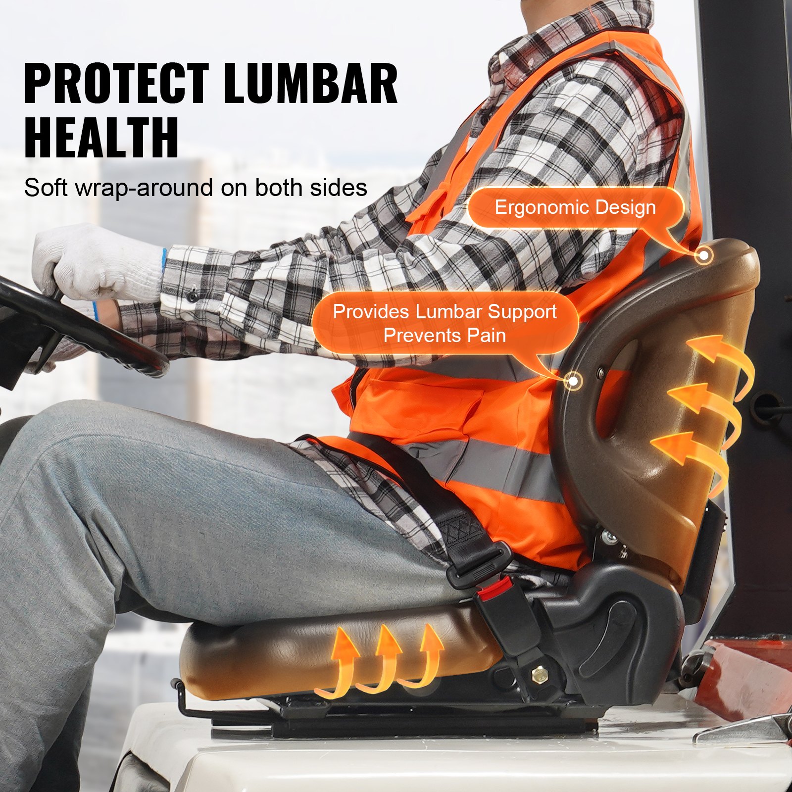Trabajador sentado en asiento de carretilla elevadora VEVOR con soporte lumbar ergonómico, beneficios destacados para la salud de la espalda.