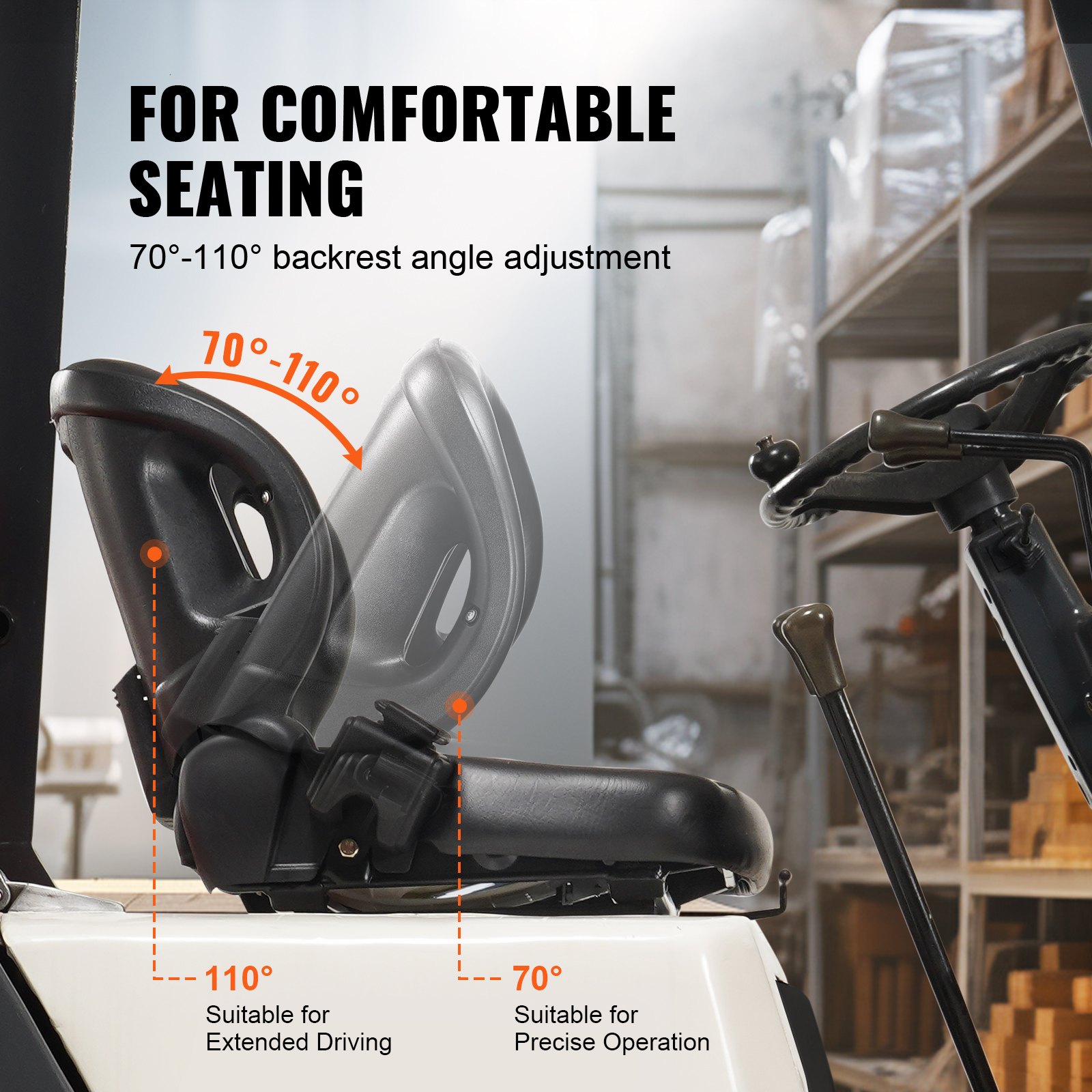 Asiento para carretilla elevadora VEVOR con respaldo ajustable de 70° a 110° para un asiento cómodo.