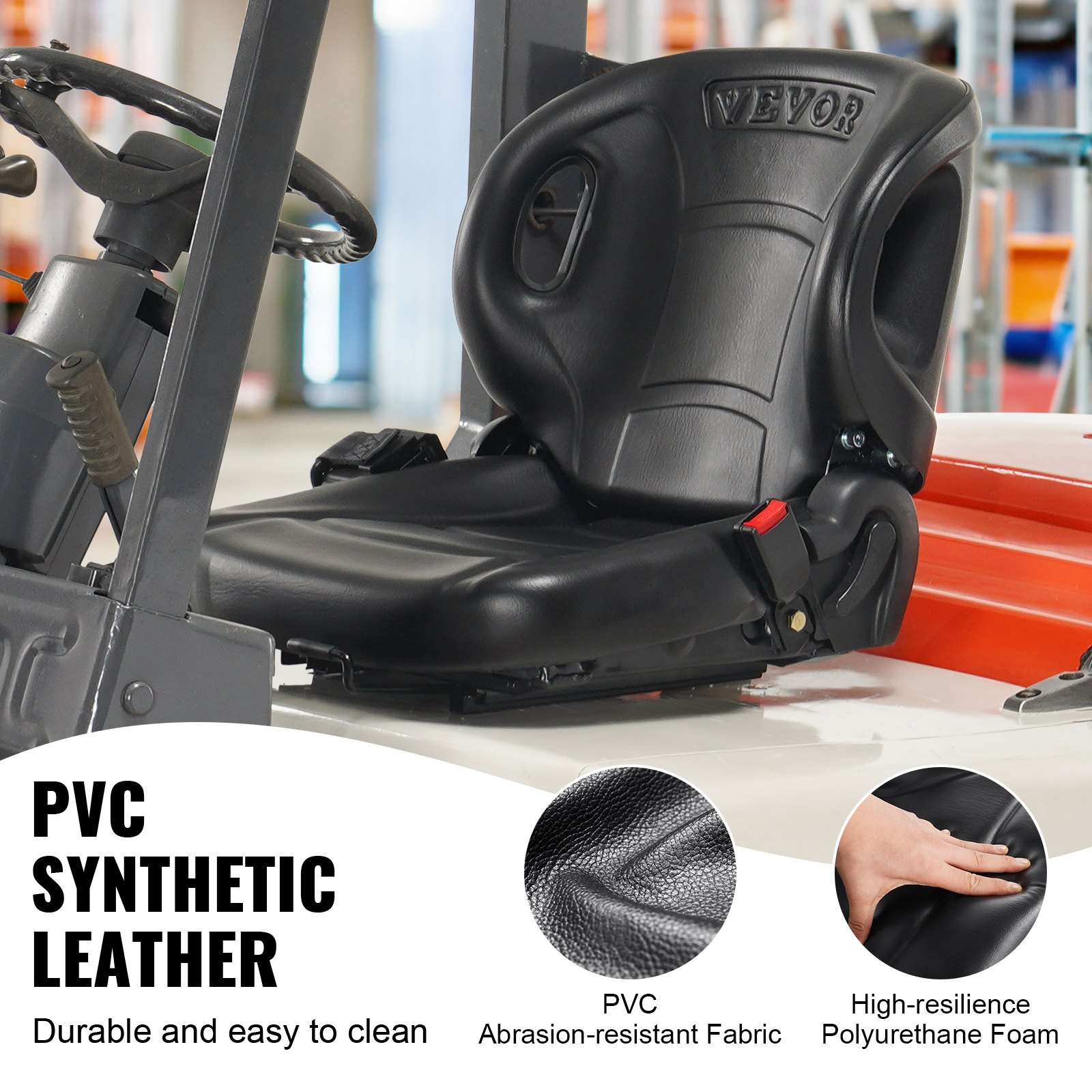 El asiento de carretilla elevadora VEVOR cuenta con cuero sintético de PVC duradero, tela resistente a la abrasión de PVC y espuma de alta resiliencia.