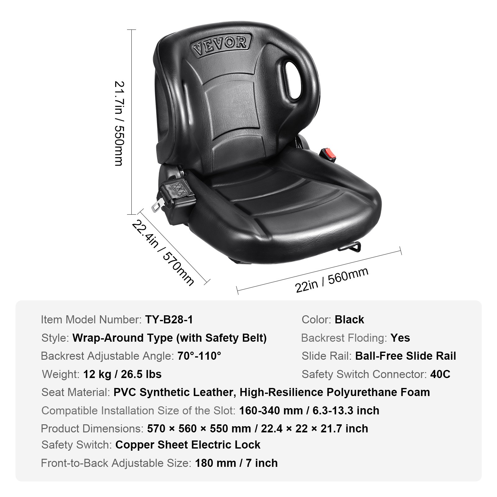 Asiento para carretilla elevadora VEVOR en piel sintética de pvc color negro con respaldo regulable y cinturón de seguridad envolvente.