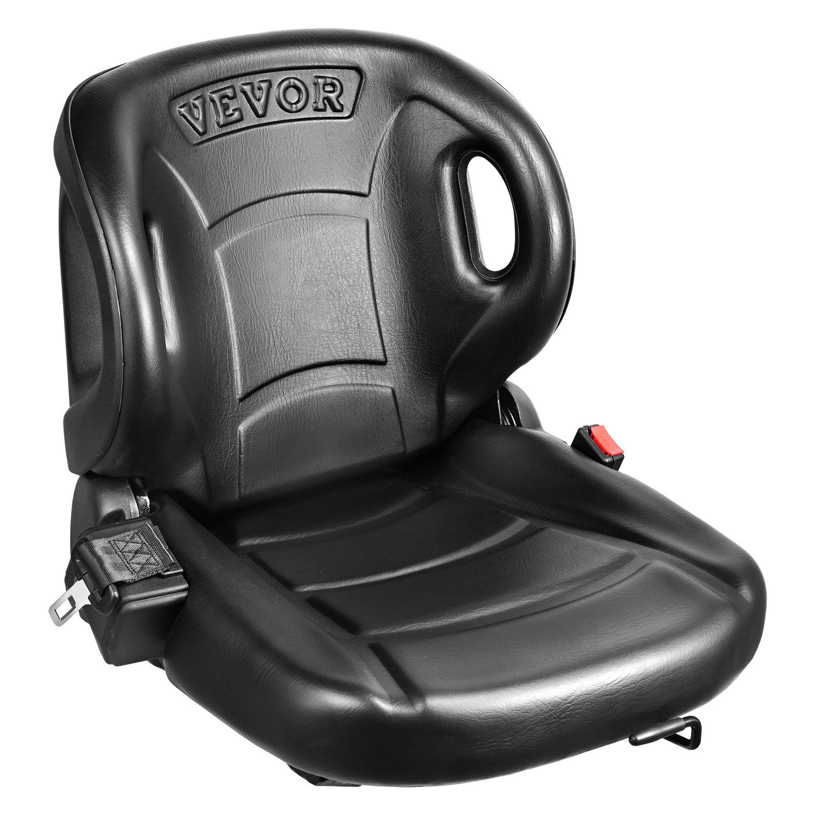 Asiento de carretilla elevadora VEVOR negro con diseño ergonómico y cinturón de seguridad integrado para mayor seguridad.