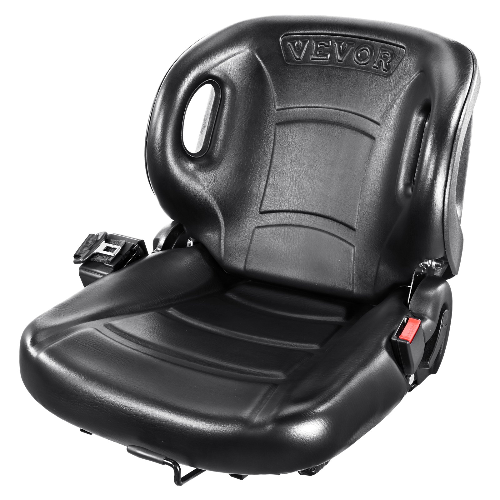 Asiento para carretilla elevadora VEVOR con diseño ergonómico, textura de cuero negro y cinturón de seguridad integrado