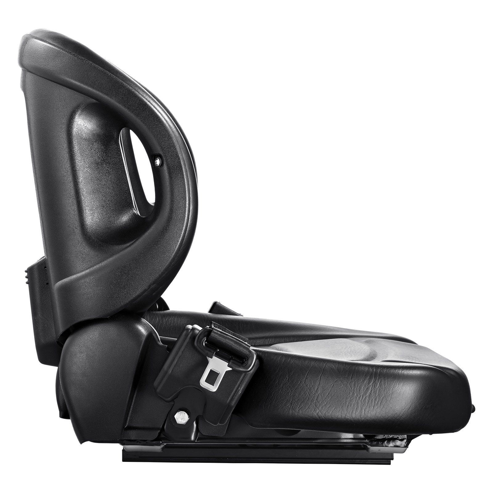 Asiento de carretilla elevadora VEVOR negro con respaldo ergonómico y cinturón de seguridad integrado sobre fondo blanco