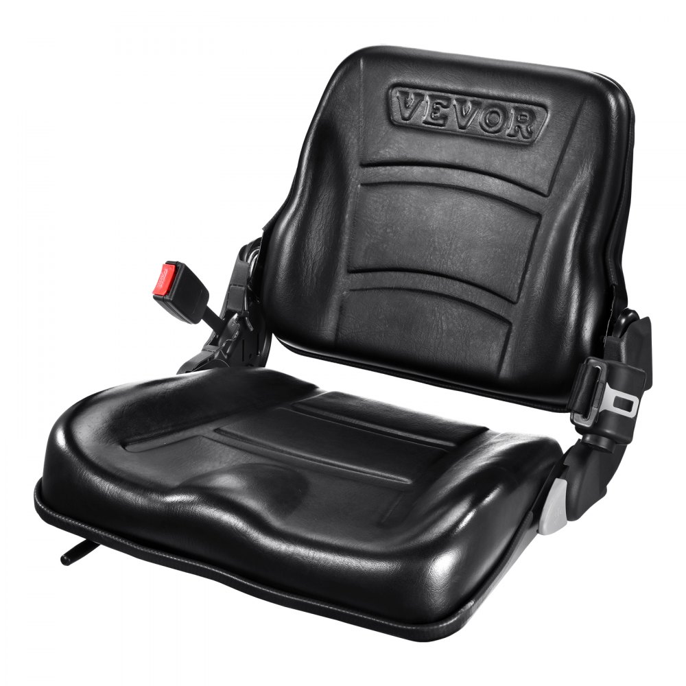 Asiento universal para carretilla elevadora VEVOR de cuero negro con diseño contorneado y cinturón de seguridad adjunto para mayor seguridad.