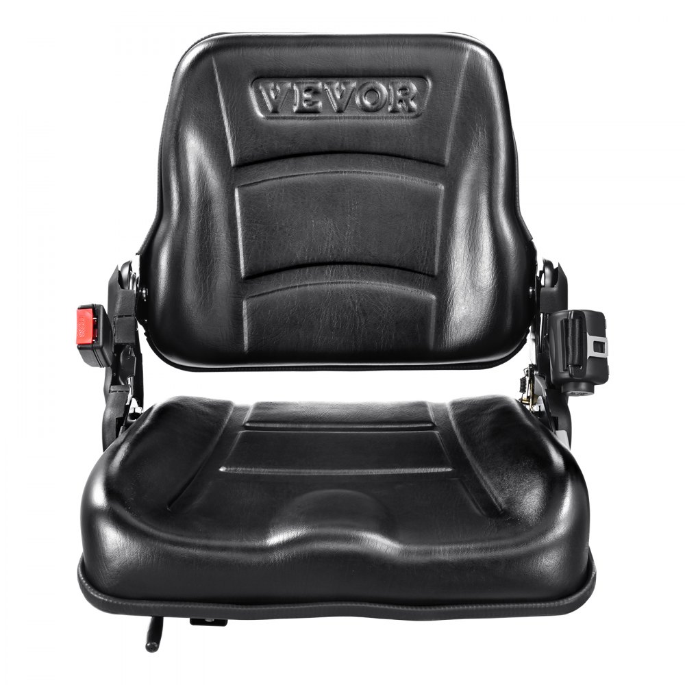Asiento de carretilla elevadora universal VEVOR con acolchado negro y cinturón de seguridad integrado para una mayor comodidad.