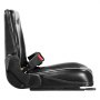 Asiento de carretilla elevadora universal VEVOR en color negro con vista lateral que muestra el cinturón de seguridad y diseño ergonómico.