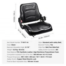 VEVOR Asiento universal para carretilla elevadora, asiento de tractor plegable con respaldo de ángulo ajustable, microinterruptor y cinturón de seguridad retráctil, asiento de carretilla elevadora con ranura de 6.3-13.4 pulgadas para excavadora cargadora de tractor