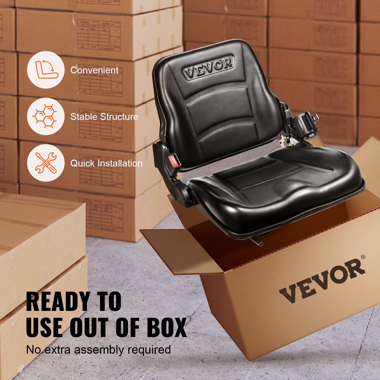 Asiento de carretilla elevadora universal VEVOR listo para usar desde el primer momento, destacando por su comodidad y rápida instalación.