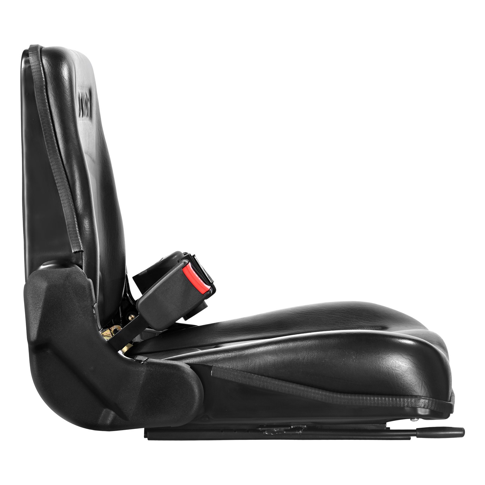 Asiento de carretilla elevadora universal VEVOR en color negro con vista lateral que muestra el cinturón de seguridad y diseño ergonómico.