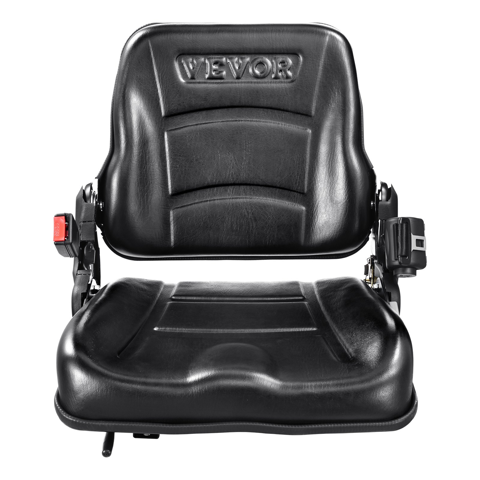 Asiento de carretilla elevadora universal VEVOR con acolchado negro y cinturón de seguridad integrado para una mayor comodidad.