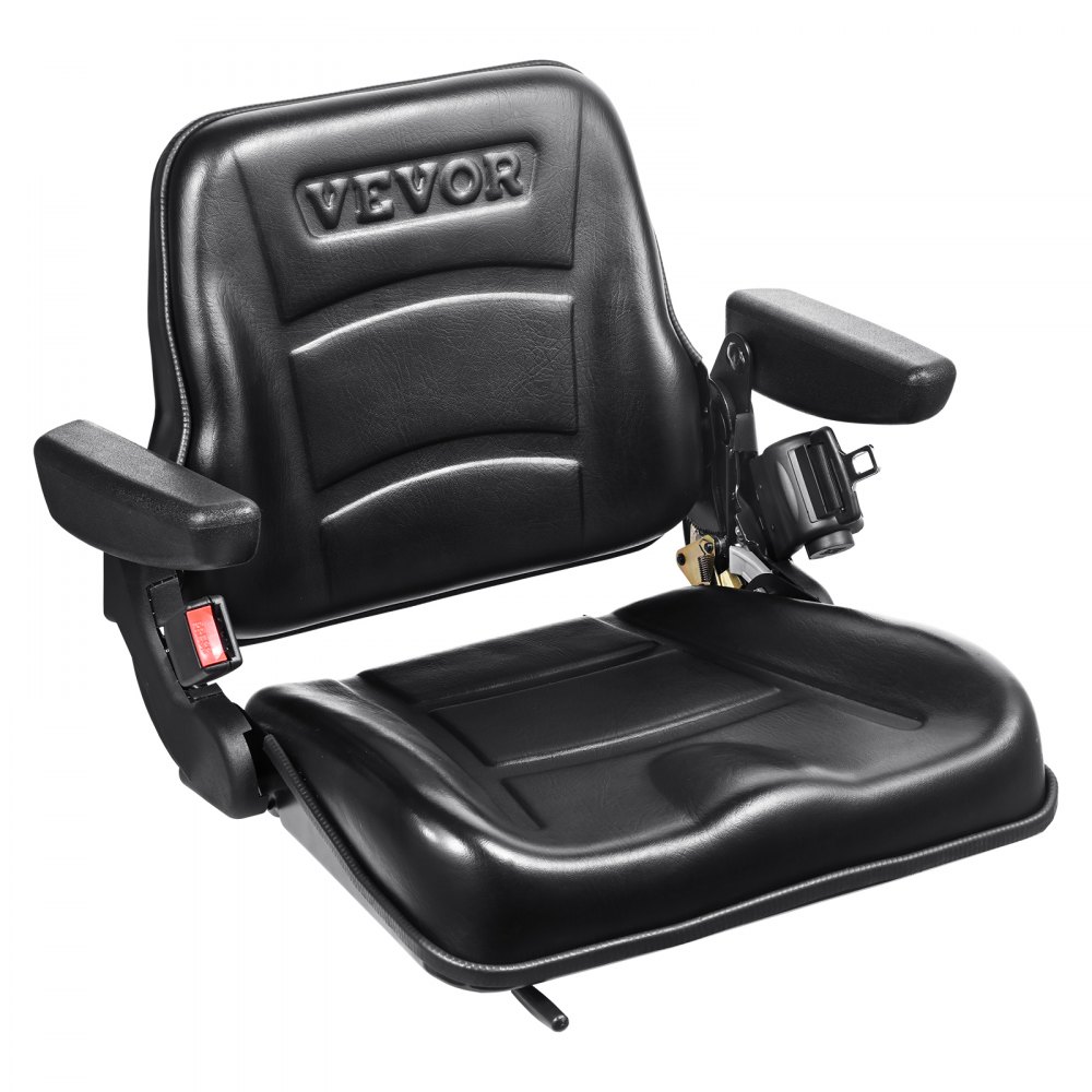 Asiento de carretilla elevadora VEVOR negro con apoyabrazos, cinturón de seguridad y diseño ergonómico para mayor comodidad y seguridad.