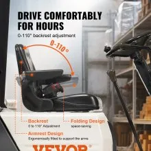 VEVOR Asiento universal para carretilla elevadora, asiento de tractor plegable con respaldo de ángulo ajustable, microinterruptor, cinturón de seguridad y reposabrazos, asiento de tractor con ranura de 6,3 a 13,4 pulgadas para excavadora cargadora de tractor