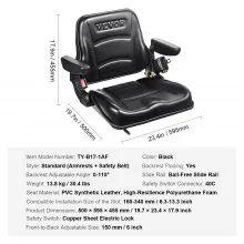VEVOR Asiento universal para carretilla elevadora, asiento de tractor plegable con respaldo de ángulo ajustable, microinterruptor, cinturón de seguridad y reposabrazos, asiento de tractor con ranura de 6,3 a 13,4 pulgadas para excavadora cargadora de tractor