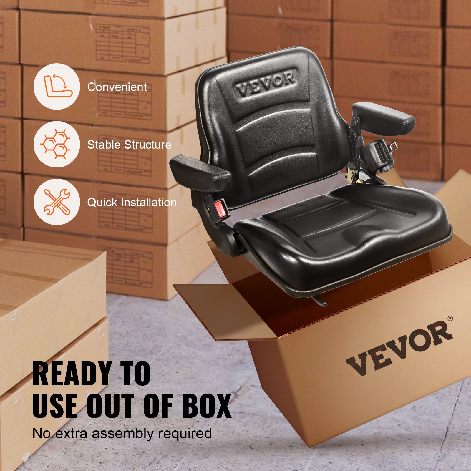 Asiento para carretilla elevadora VEVOR, listo para instalar, rodeado de recuadros con texto que resalta la comodidad y la estabilidad.