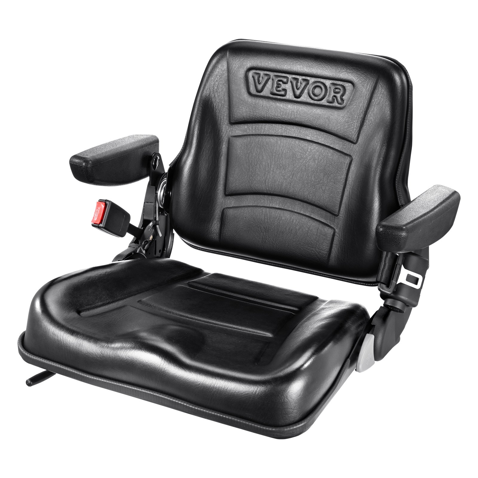 Asiento de carretilla elevadora VEVOR negro con reposabrazos ajustables y cinturón de seguridad.