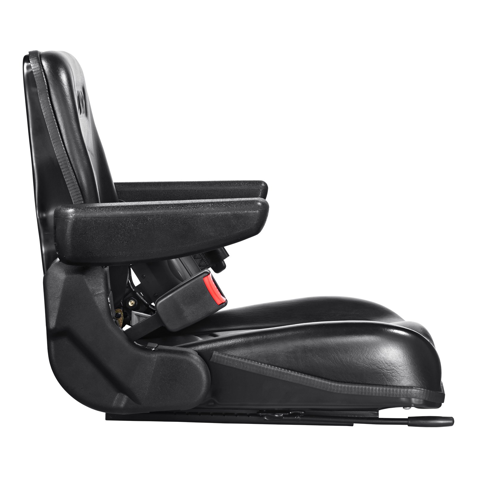 Asiento de carretilla elevadora VEVOR negro con apoyabrazos y cierre de cinturón de seguridad rojo, vista de perfil lateral.