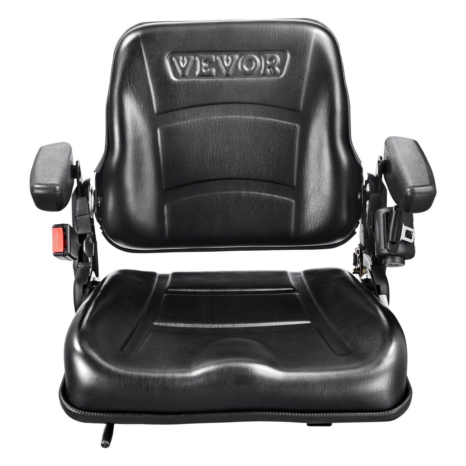 Asiento de carretilla elevadora VEVOR negro con reposabrazos ajustables y diseño ergonómico para mayor comodidad y seguridad.