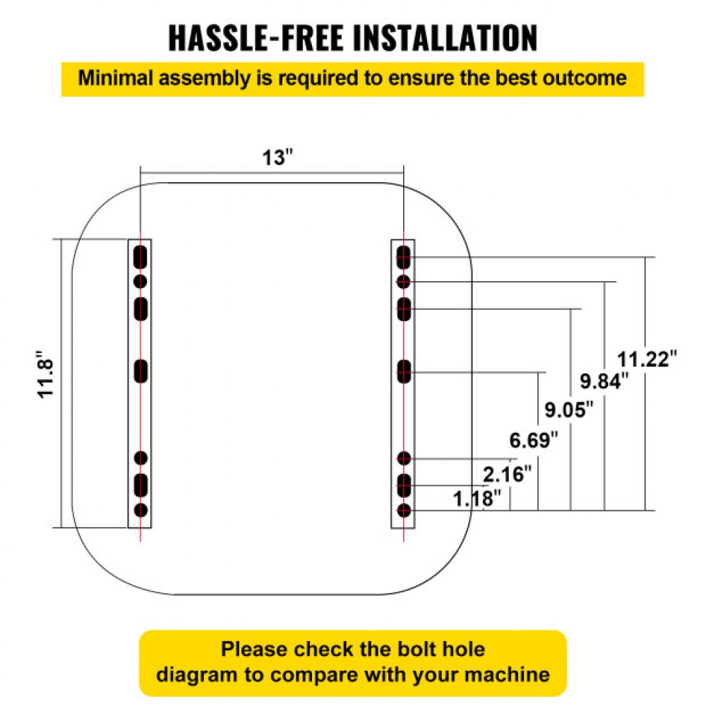 Diagrama de orificios para pernos de asiento de carretilla elevadora universal VEVOR con medidas detalladas para la instalación.