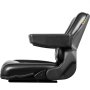 Asiento de carretilla elevadora universal VEVOR negro con reposabrazos, vista lateral.