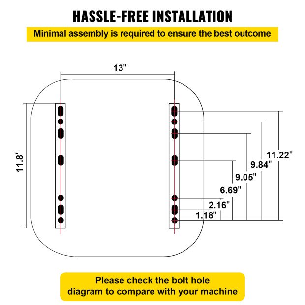 Diagrama de orificios para pernos de asiento de carretilla elevadora universal VEVOR con medidas detalladas para la instalación.