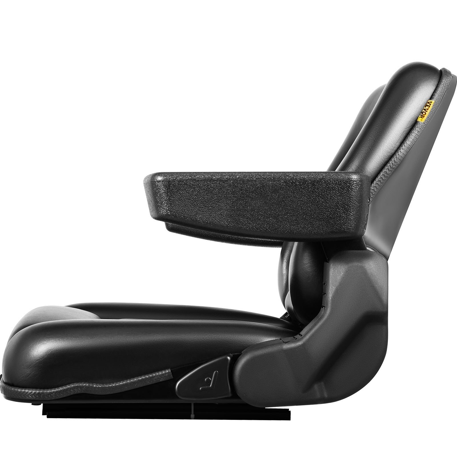 Asiento de carretilla elevadora universal VEVOR negro con reposabrazos, vista lateral.