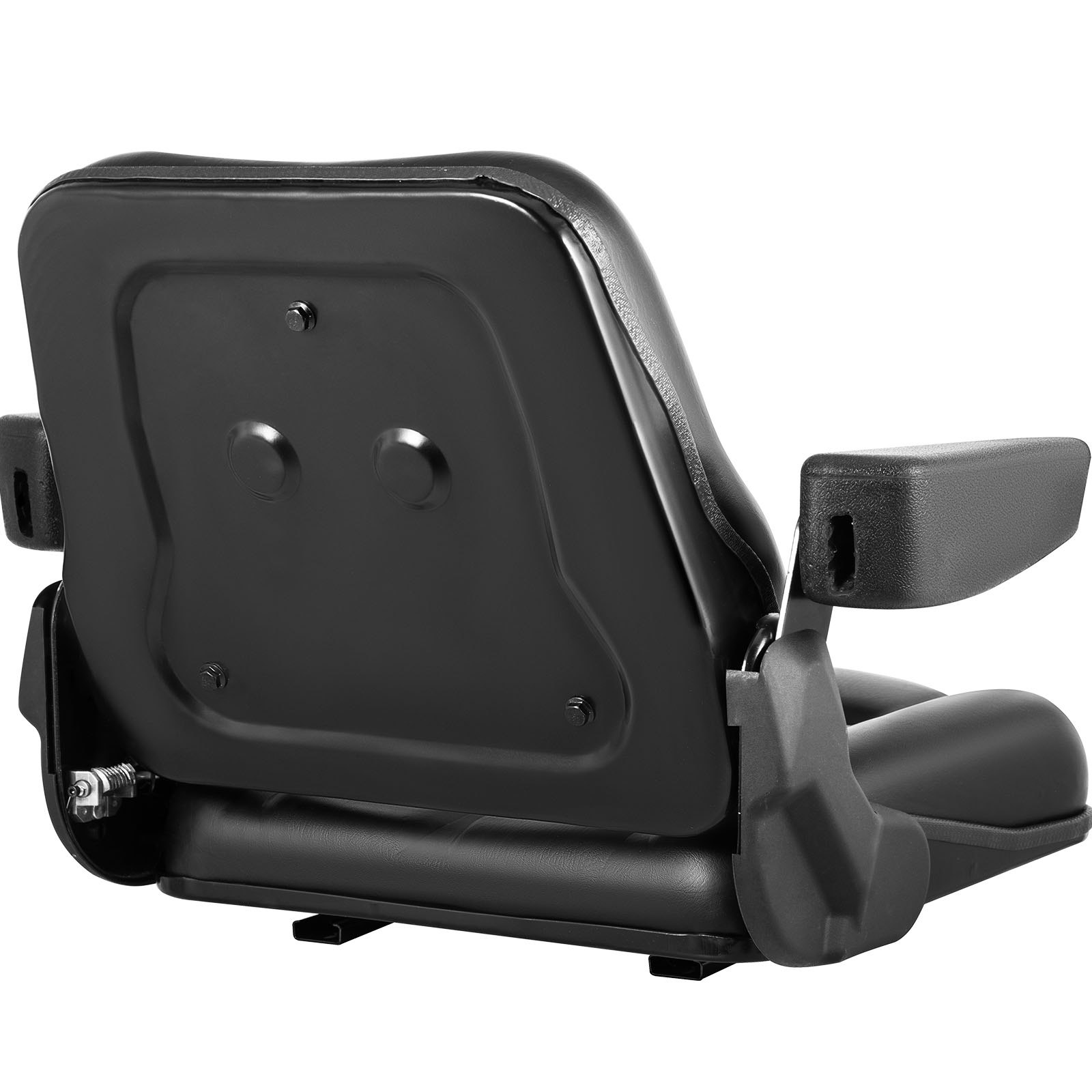 Vista trasera del asiento de carretilla elevadora universal VEVOR con reposabrazos y base de montaje.