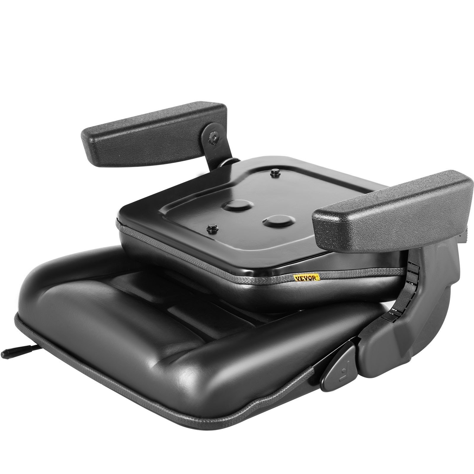 Asiento de carretilla elevadora universal VEVOR negro con reposabrazos ajustables y base resistente.