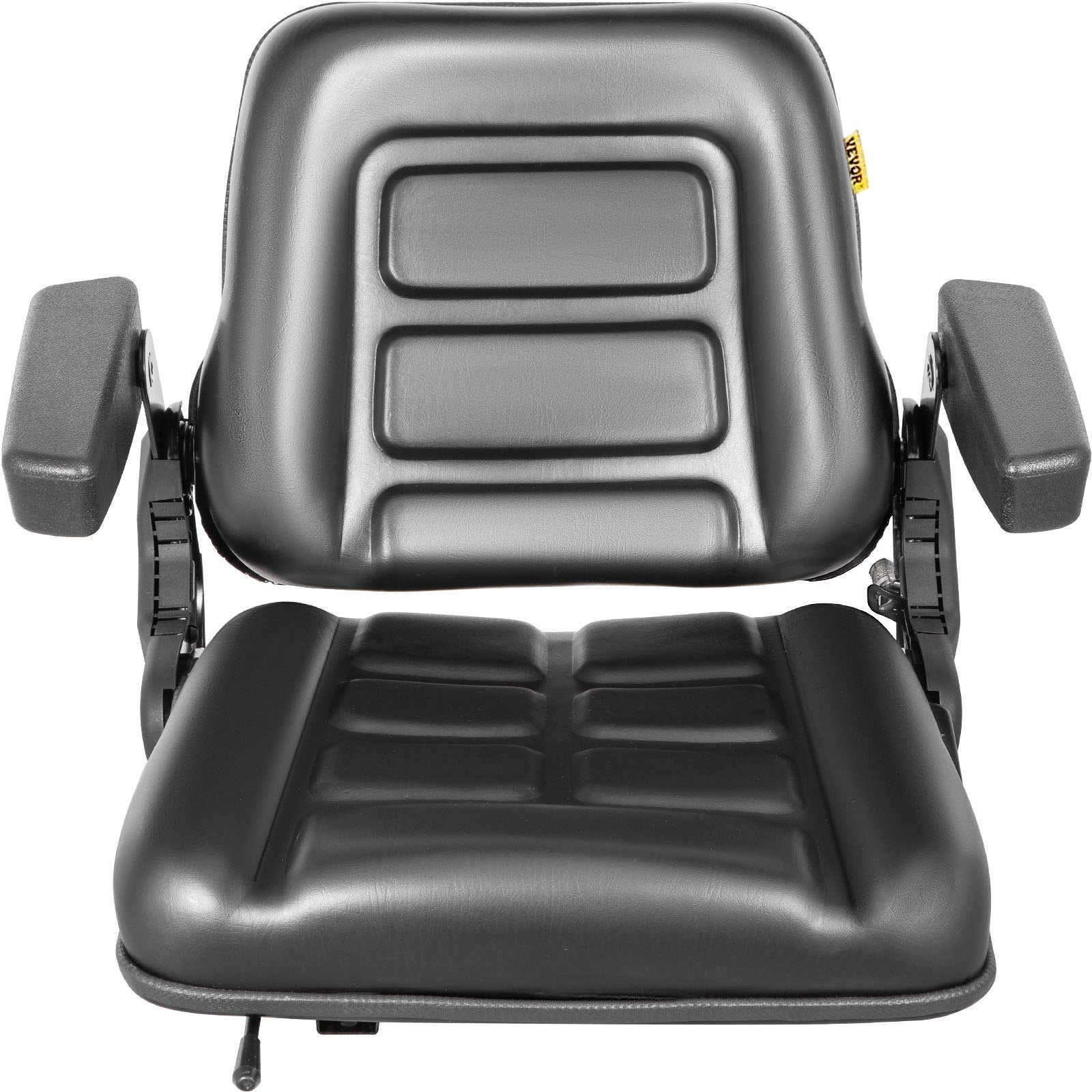 Asiento de carretilla elevadora universal VEVOR negro con reposabrazos acolchados y amortiguación acanalada.