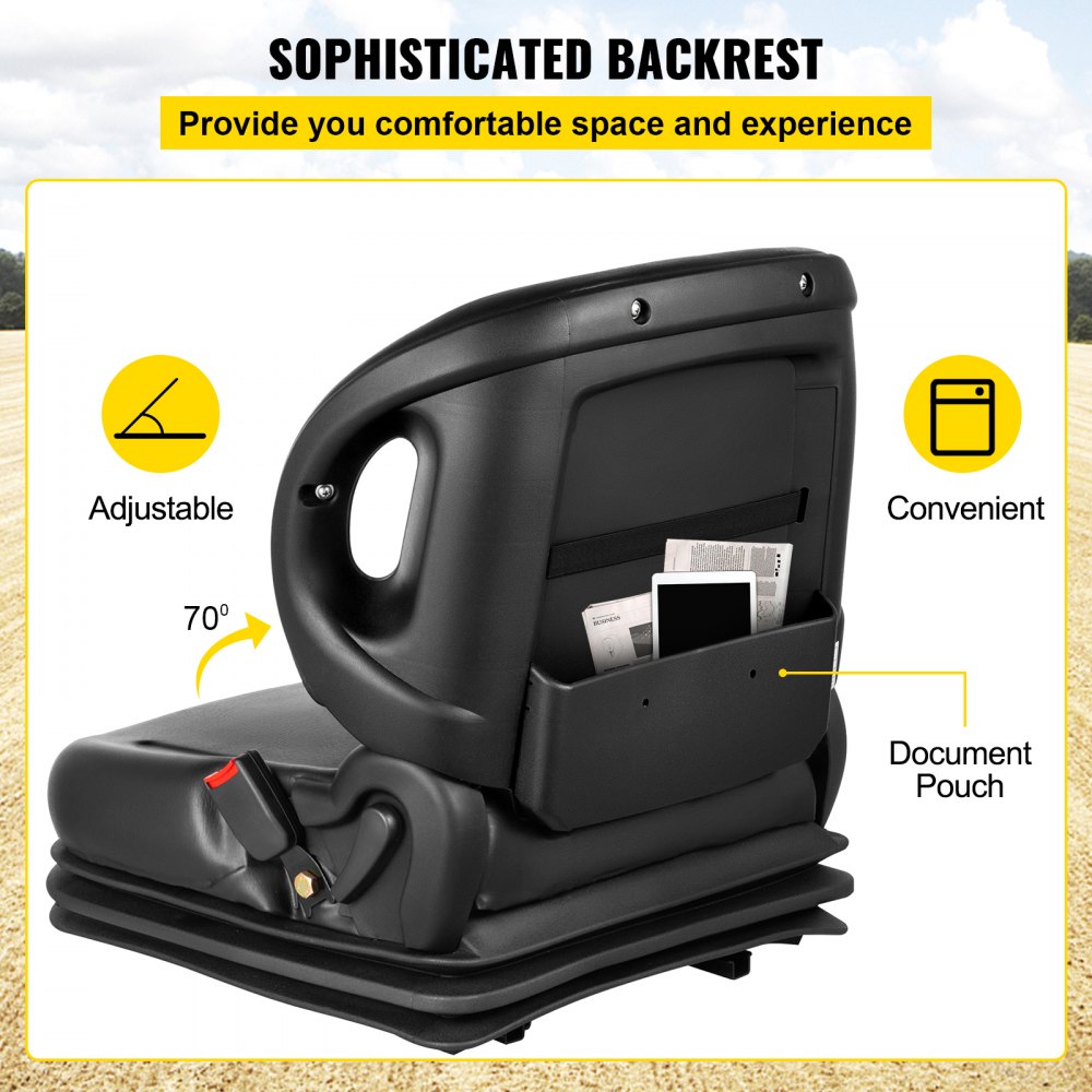 Asiento de tractor VEVOR ajustable y cómodo con bolsa para documentos para mayor comodidad.