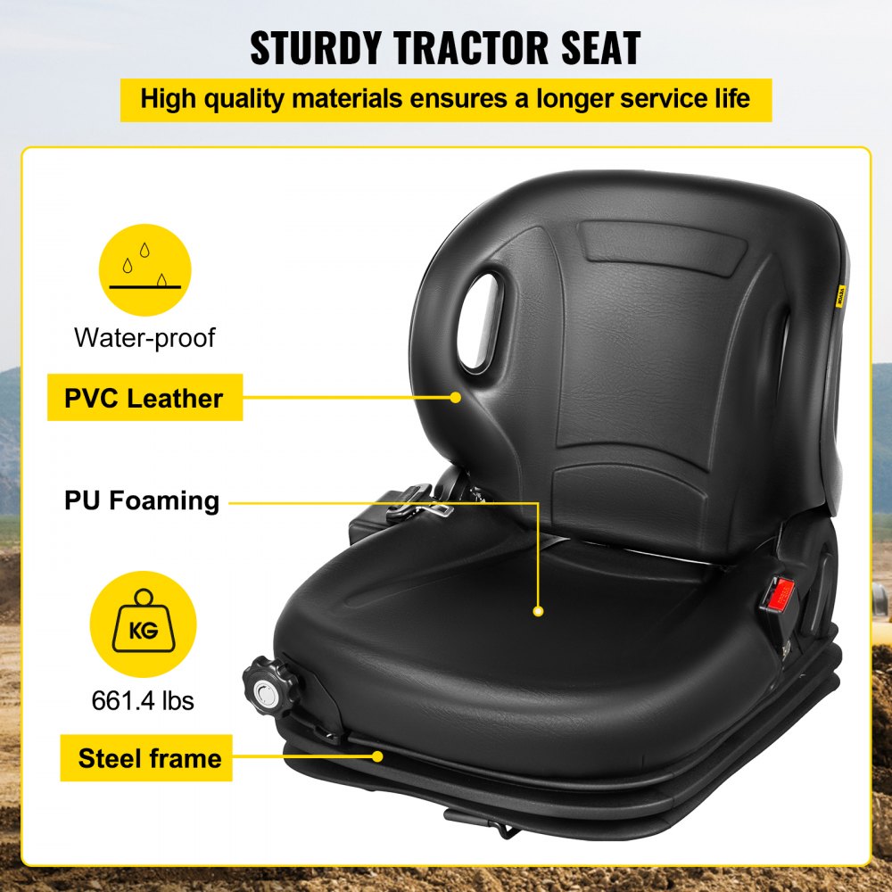 Asiento de tractor VEVOR resistente con cuero sintético impermeable, capacidad de 661,4 libras y estructura de acero.
