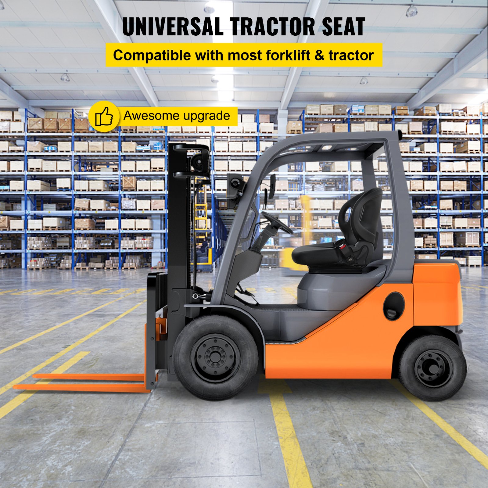Carretilla elevadora en almacén con actualización de asiento de tractor VEVOR compatible con la mayoría de carretillas elevadoras.