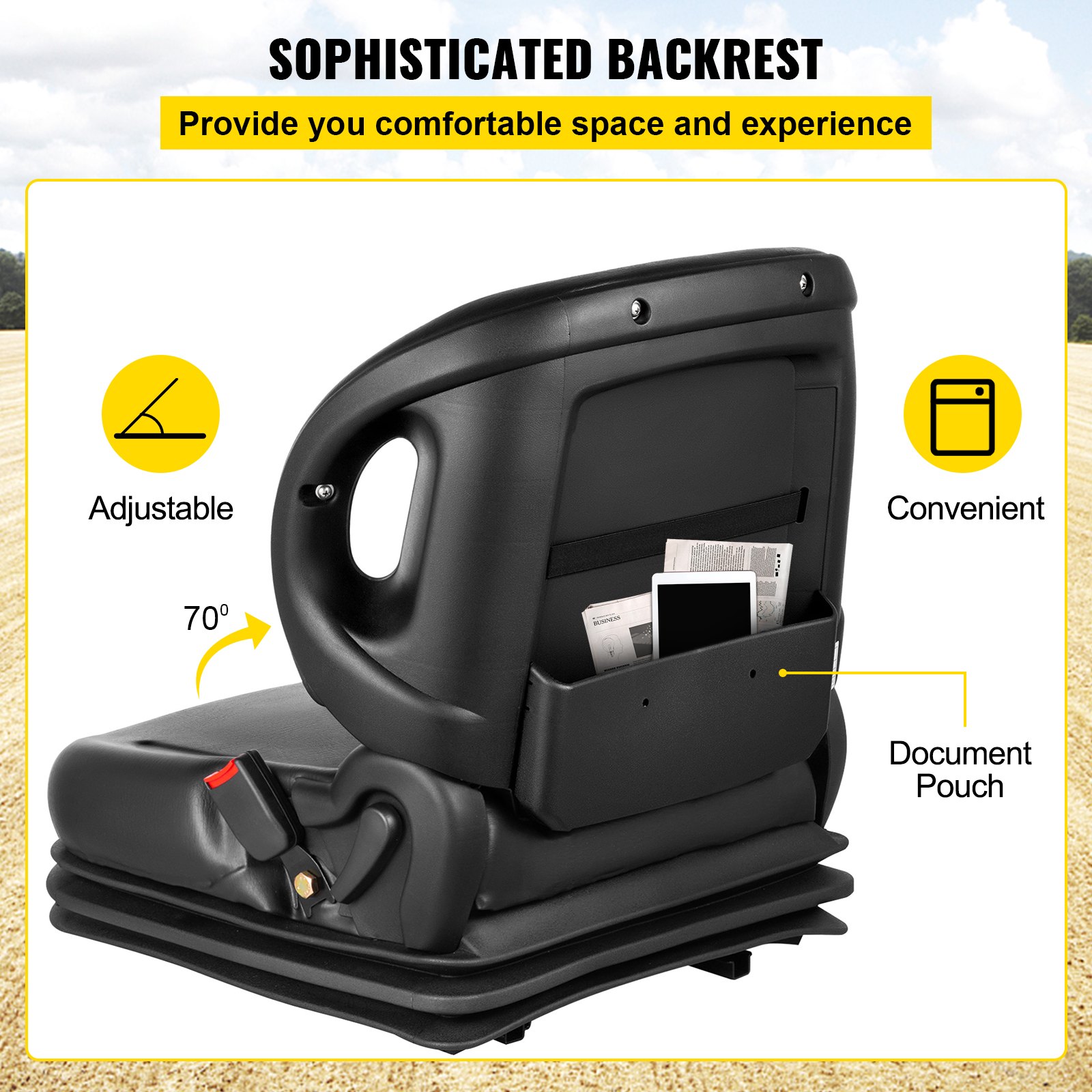 Asiento de tractor VEVOR ajustable y cómodo con bolsa para documentos para mayor comodidad.