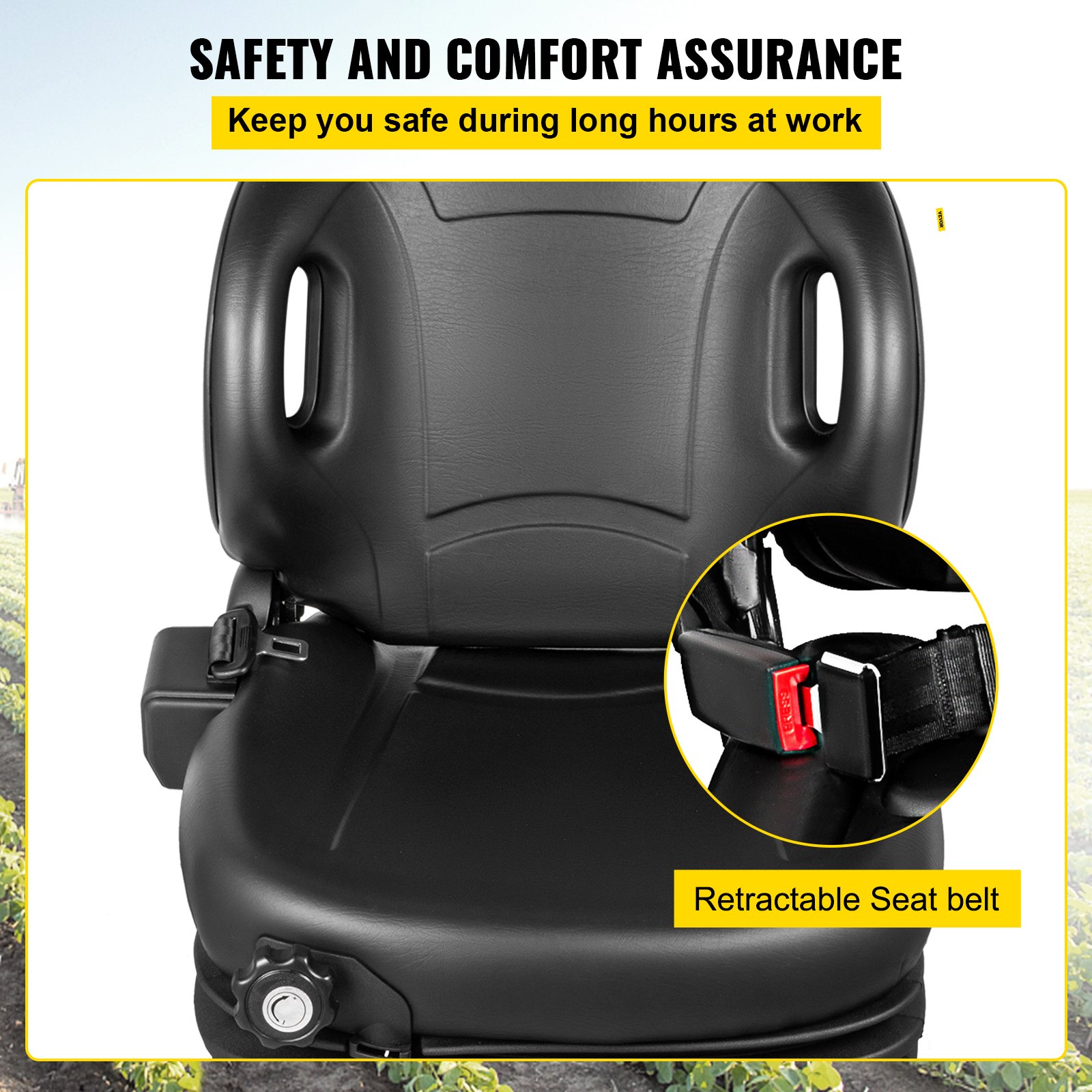 Asiento de tractor VEVOR con cinturón de seguridad retráctil, garantizando seguridad y comodidad.