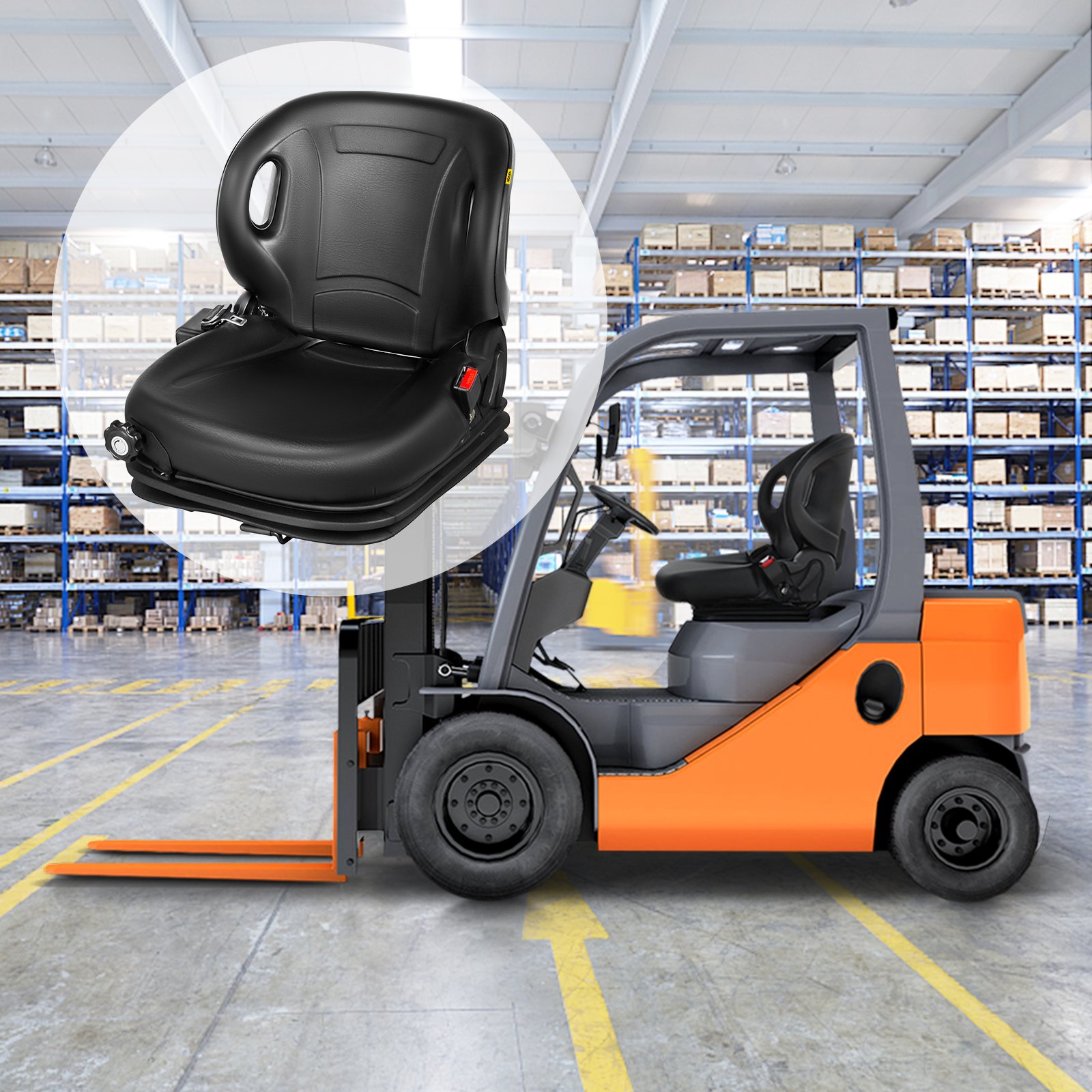 Almacén que muestra una carretilla elevadora equipada con un cómodo asiento de tractor VEVOR.