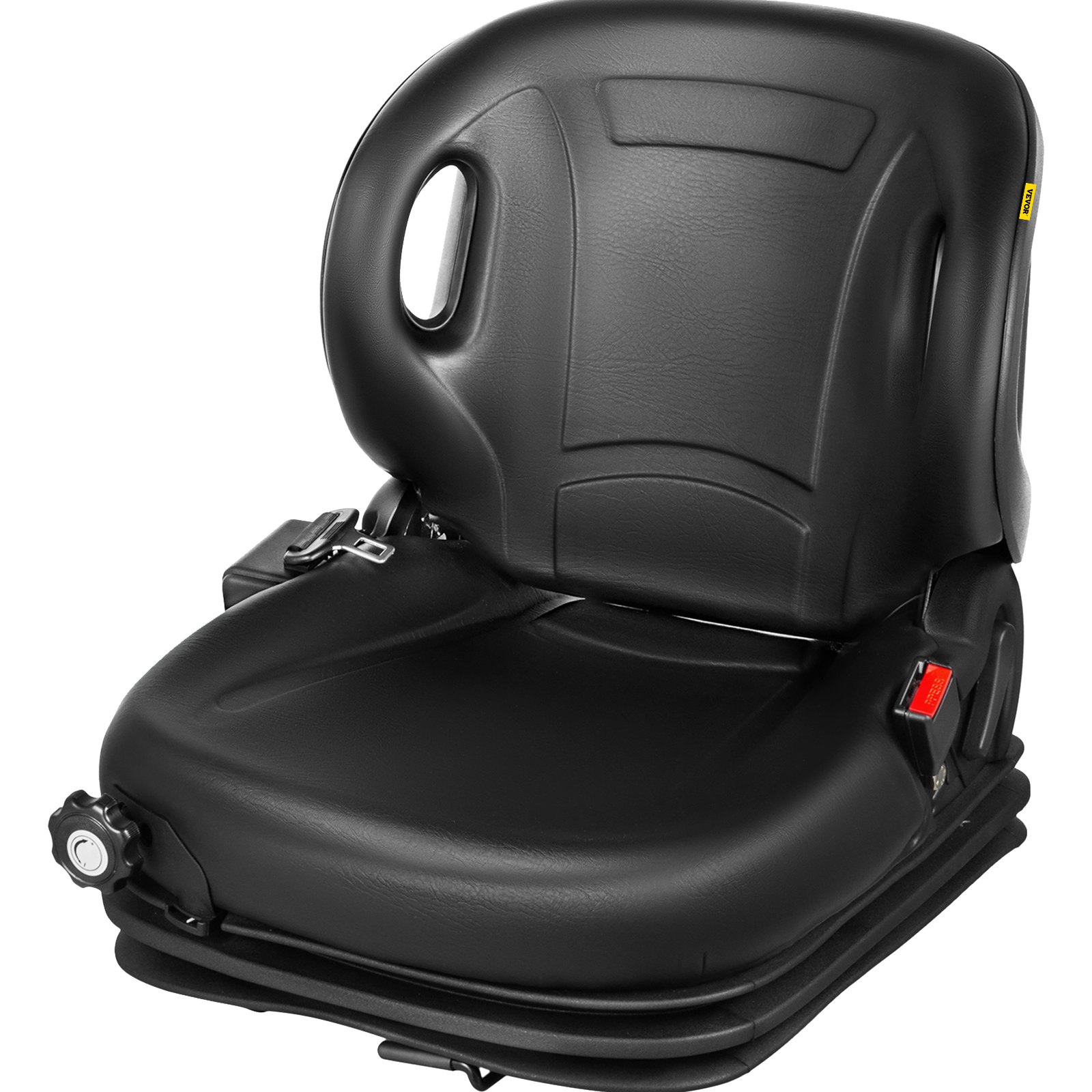 Asiento de tractor VEVOR negro con respaldo acolchado y funciones ajustables.