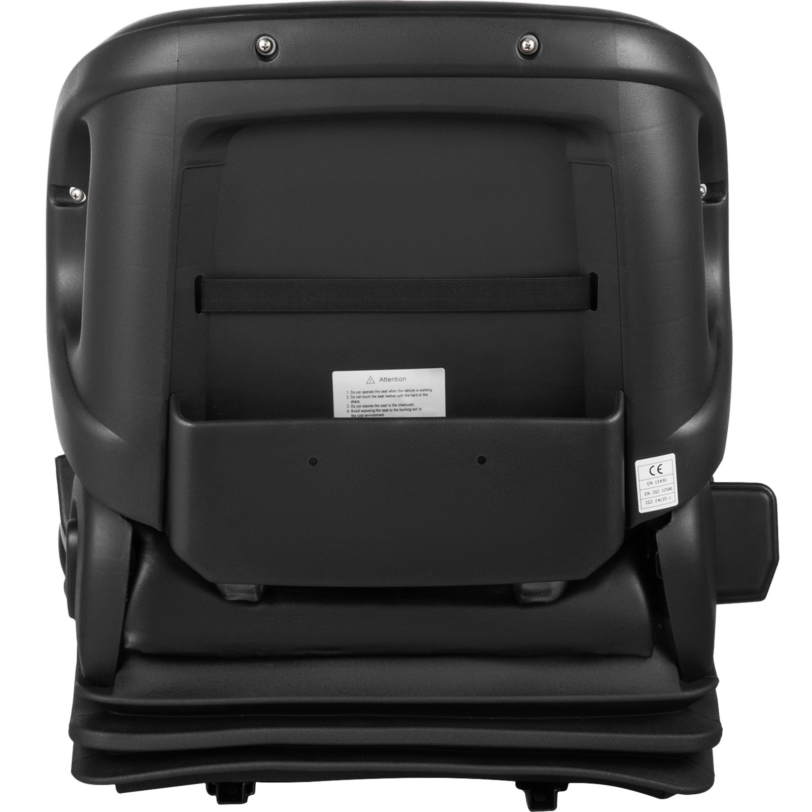 Vista posterior del asiento de tractor VEVOR negro con montaje ajustable y etiquetas de seguridad.